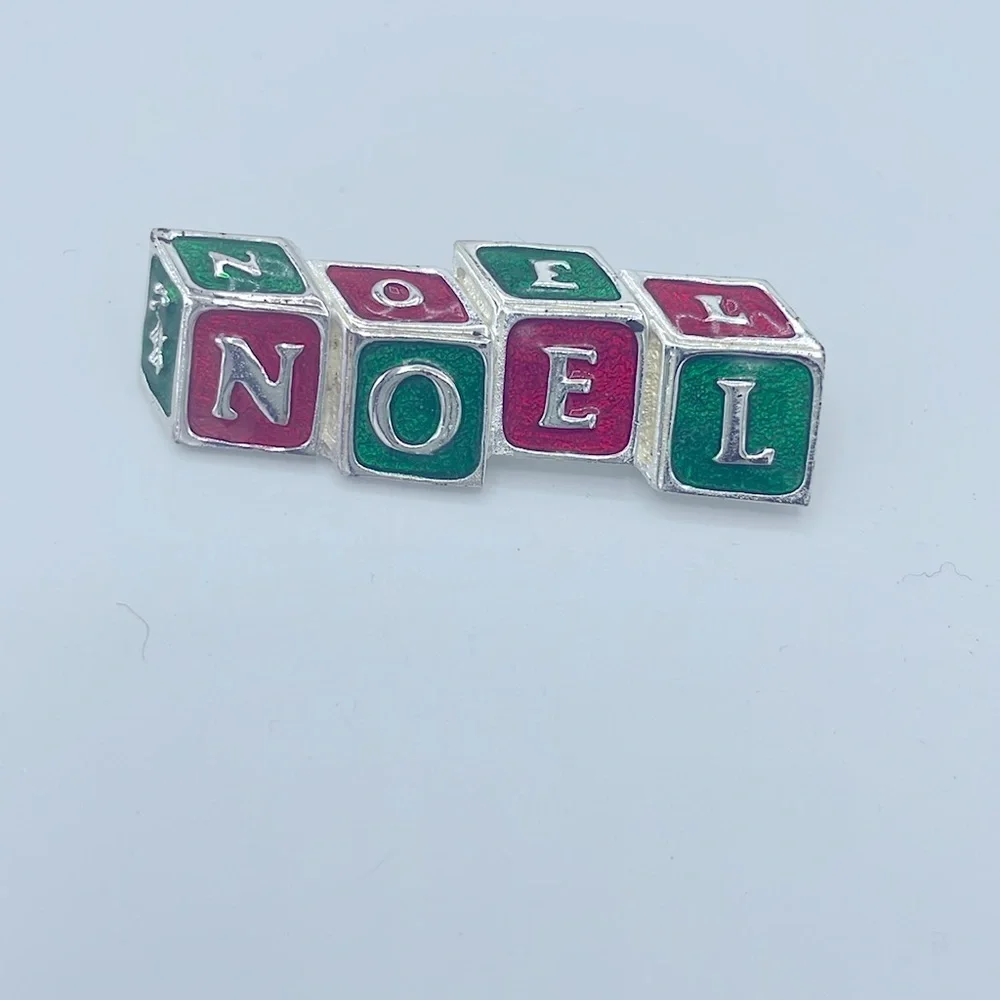 Christmas Noel Silver Colored Enameled Pin Block Letters